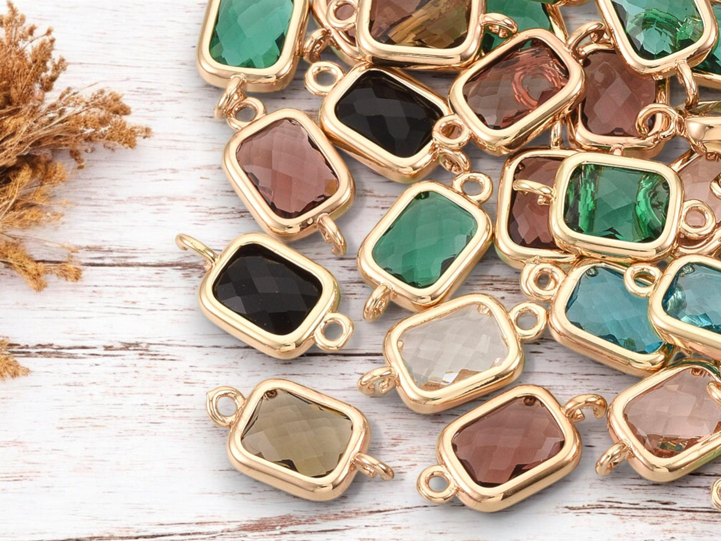 Connector Charms - Glass Connector Beads - Bezel Connectors - Gold Connectors - 10pc - 15x8mm - (3167)