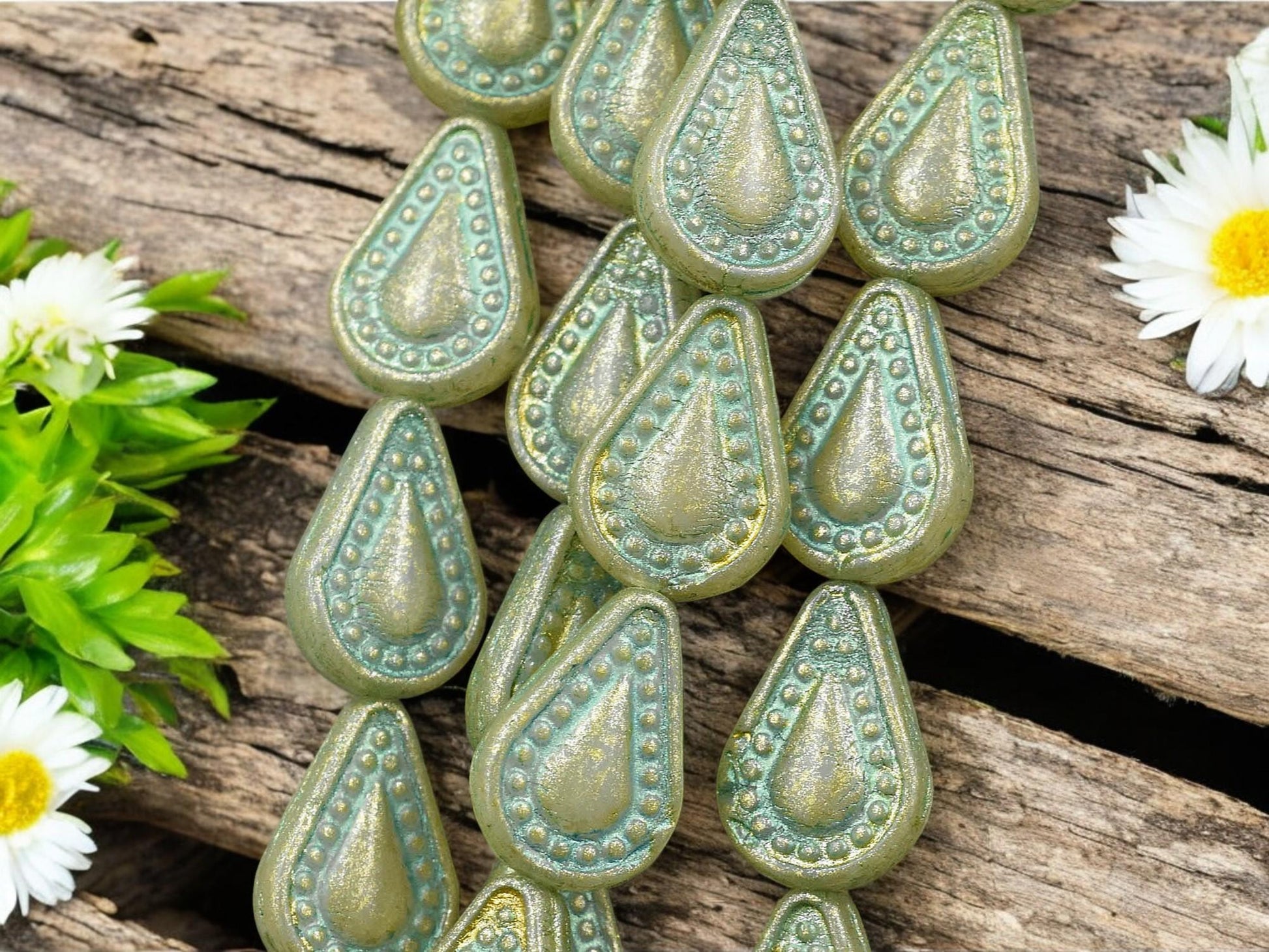 *8* 14x10mm Gold & Green Washed Sage Green Filigree Tear Drop Beads