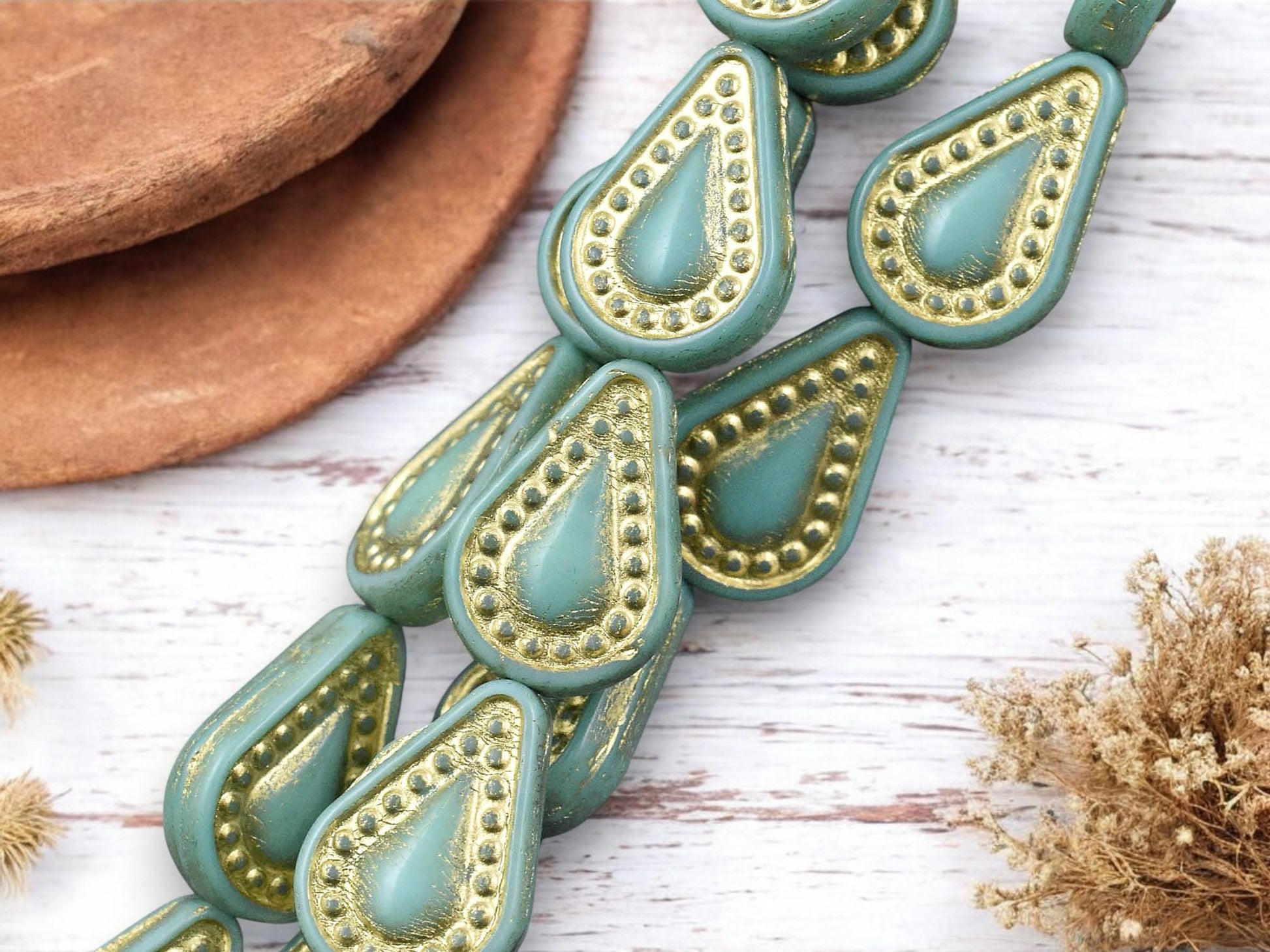 *8* 14x10mm Gold Washed Opaque Turquoise Filigree Tear Drop Beads