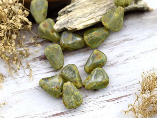 *12* 13x12mm Green Aqua Picasso Vintage Style Drop Beads