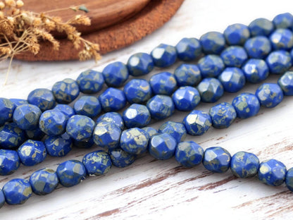 *25* 6mm Azure Blue Silver Picasso Fire Polished Round Beads