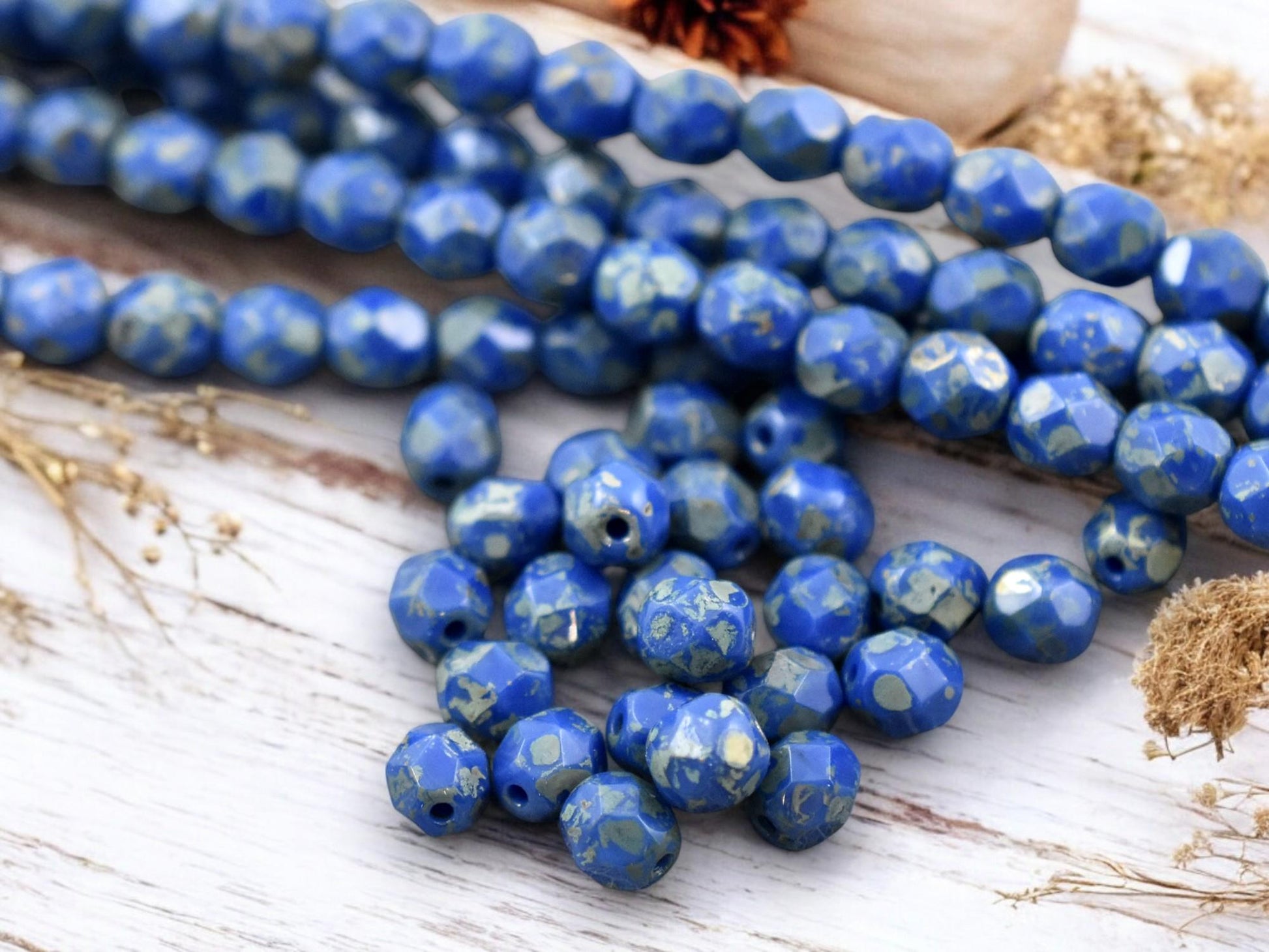 *25* 6mm Azure Blue Silver Picasso Fire Polished Round Beads