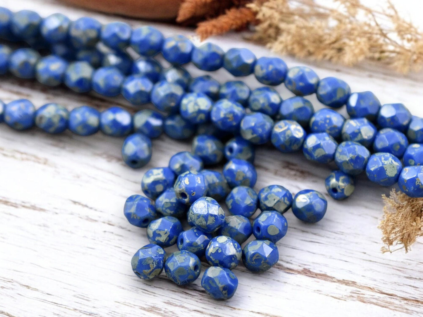 *25* 6mm Azure Blue Silver Picasso Fire Polished Round Beads