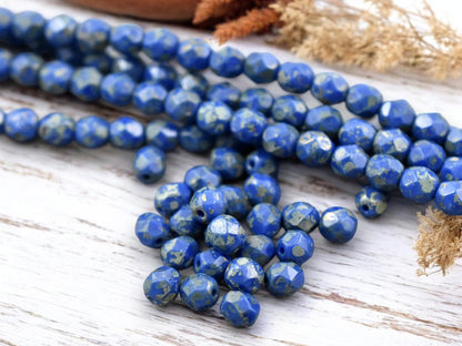*25* 6mm Azure Blue Silver Picasso Fire Polished Round Beads