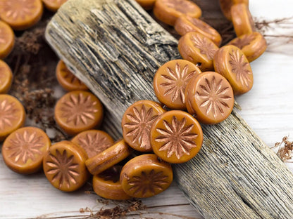 *15* 12mm Copper Washed Opaque Orange Mustard Aster Flower Coin Beads