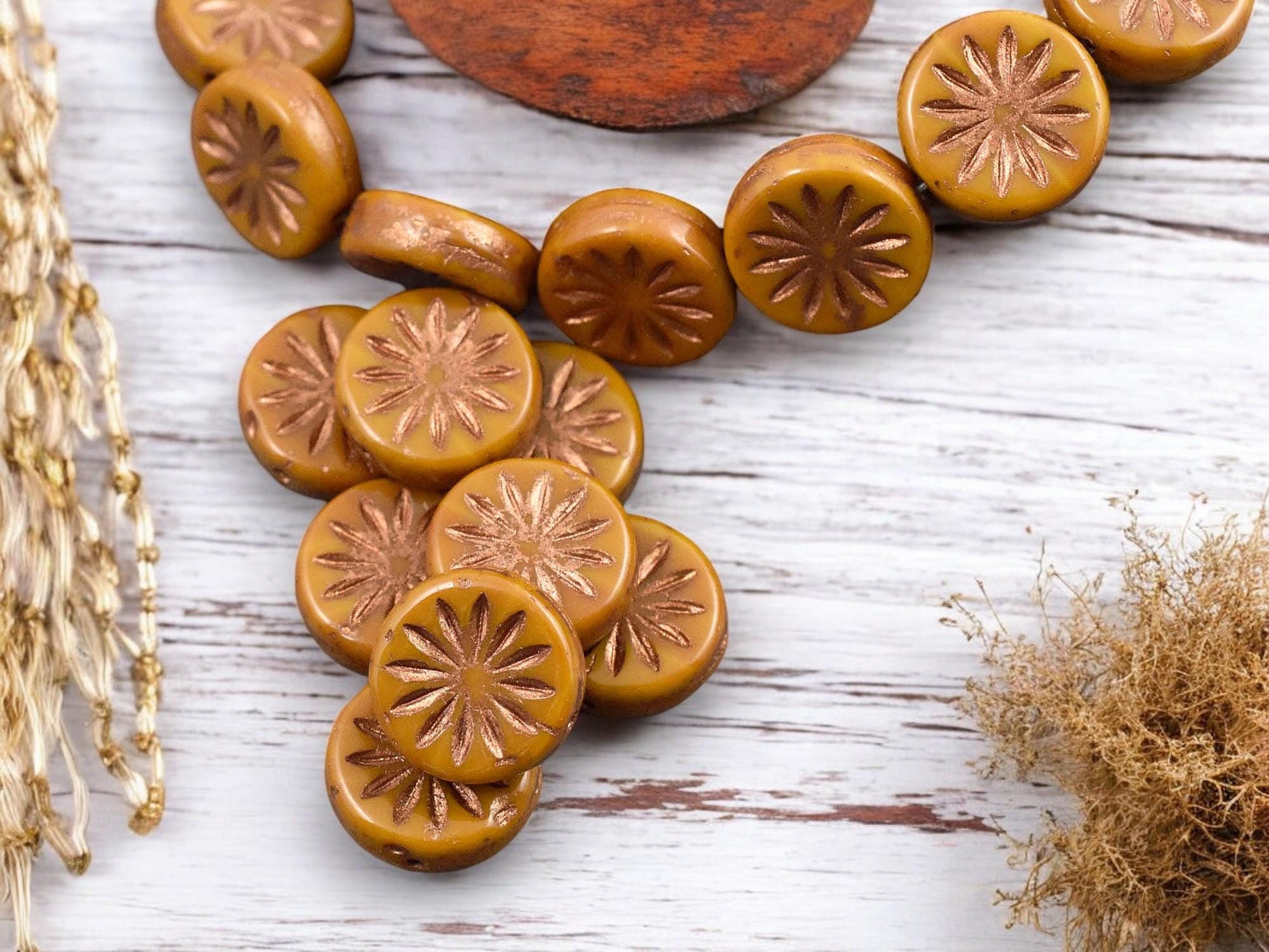 *15* 12mm Copper Washed Opaque Orange Mustard Aster Flower Coin Beads