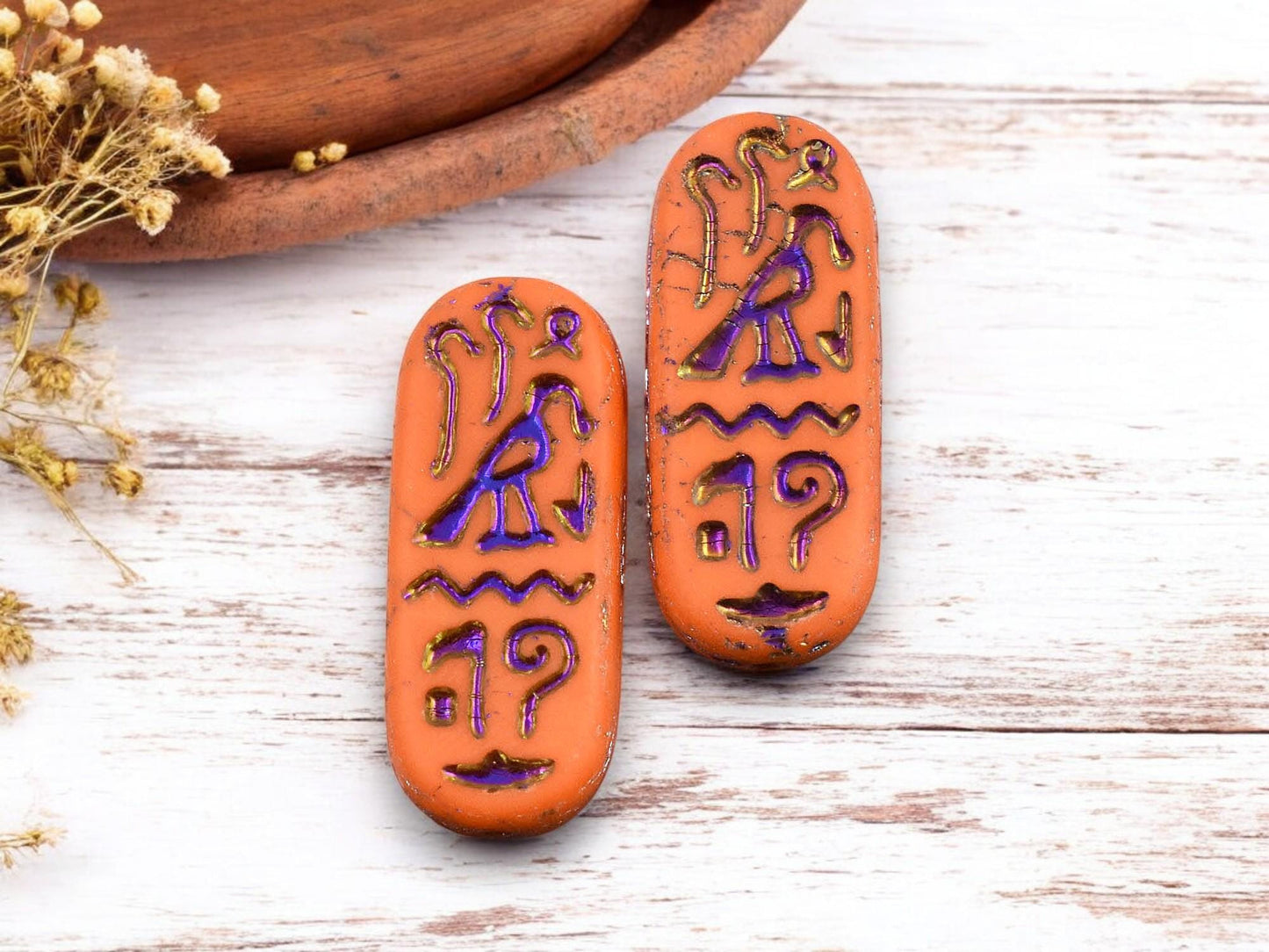 *6* 25x10mm Matte Opaque Orange Rainbow Metallic Egyptian Cartouche Oval Beads