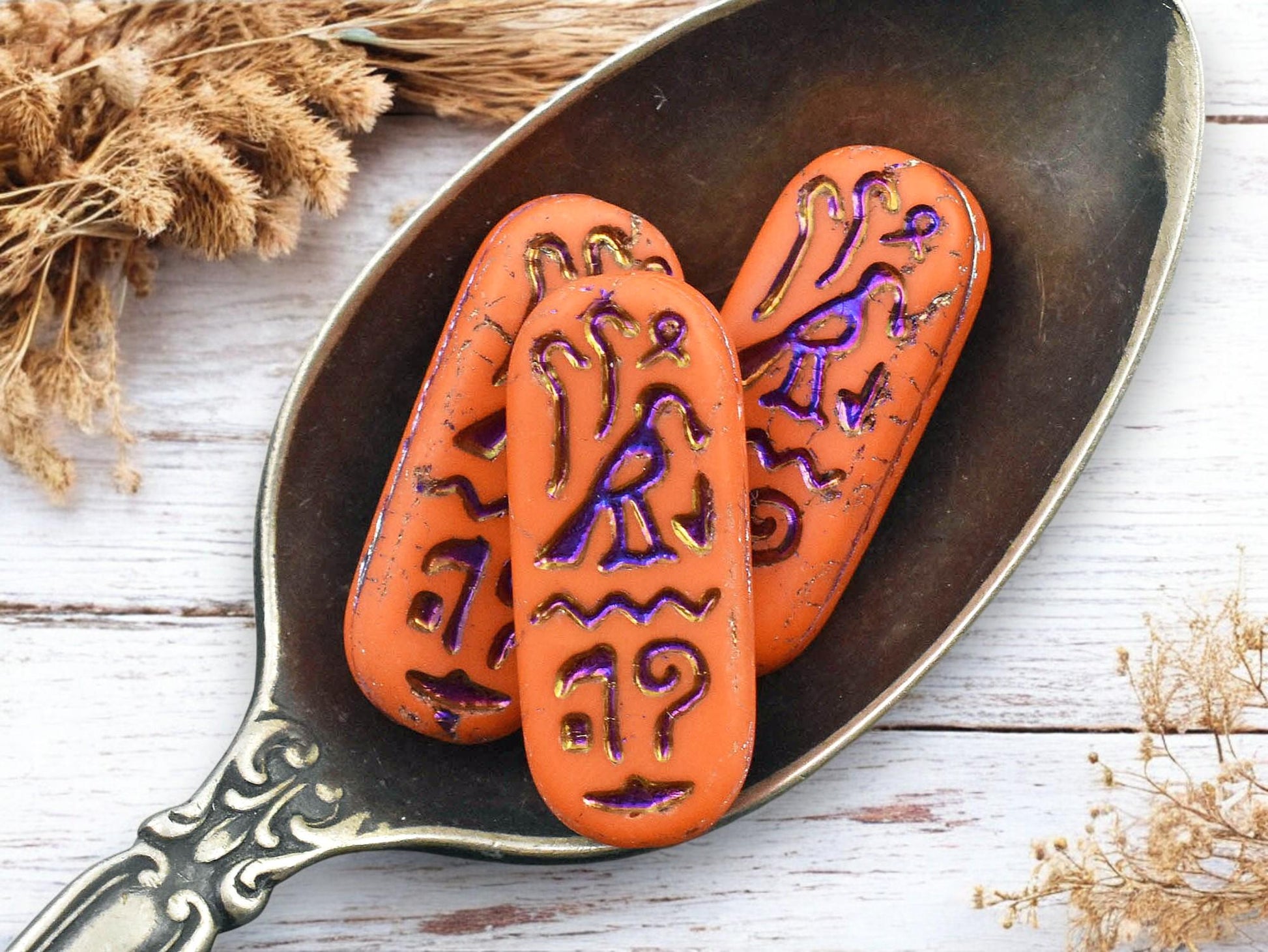 *6* 25x10mm Matte Opaque Orange Rainbow Metallic Egyptian Cartouche Oval Beads