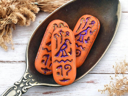 *6* 25x10mm Matte Opaque Orange Rainbow Metallic Egyptian Cartouche Oval Beads