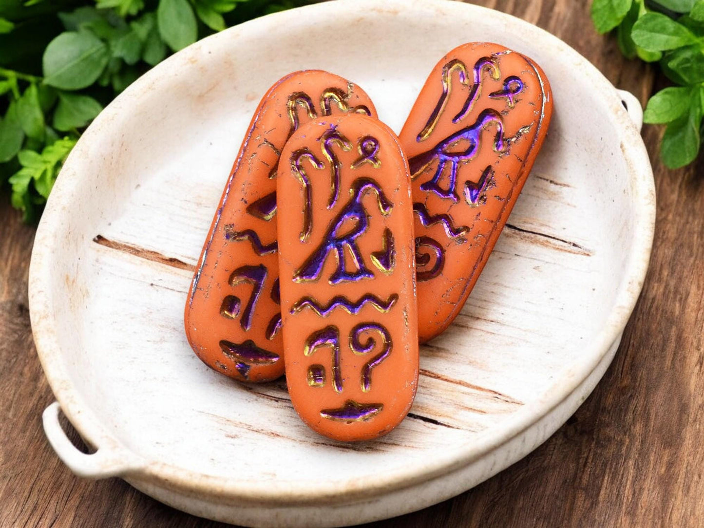 *6* 25x10mm Matte Opaque Orange Rainbow Metallic Egyptian Cartouche Oval Beads