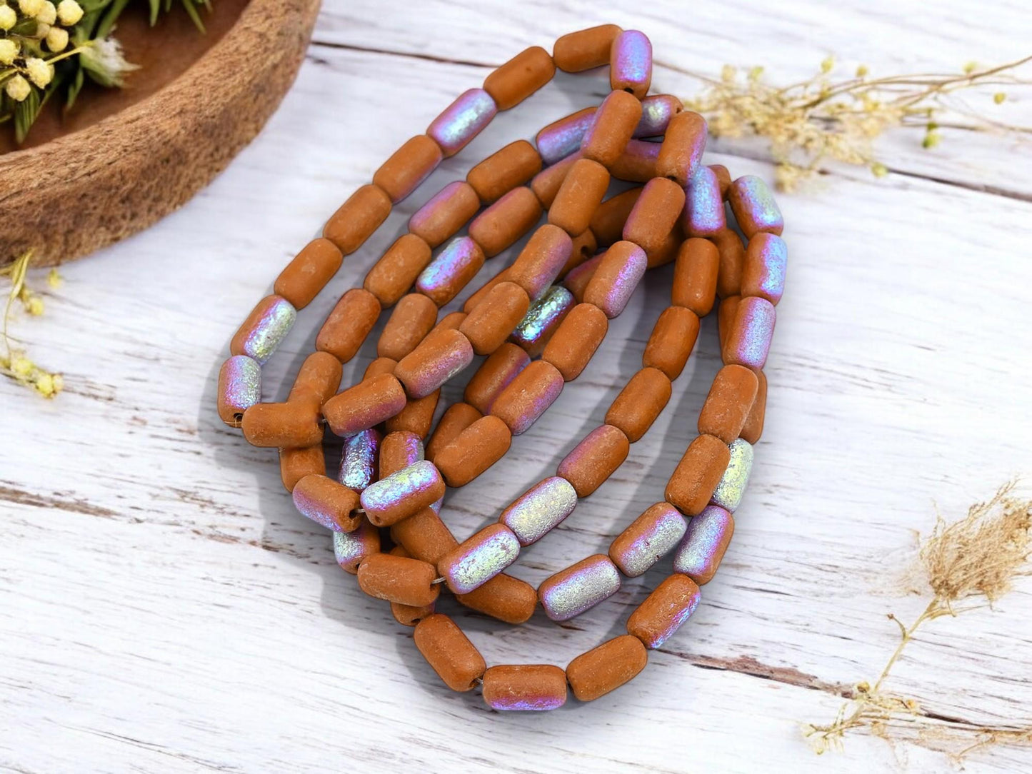 Tube Beads - Czech Glass Beads - Etched Beads - Picasso Beads - 9x5mm - 16pcs - (1266)