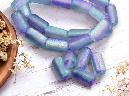 *10* 14x7mm Metallic Purple Washed Etched Baby Blue AB Large Hole Tube Beads