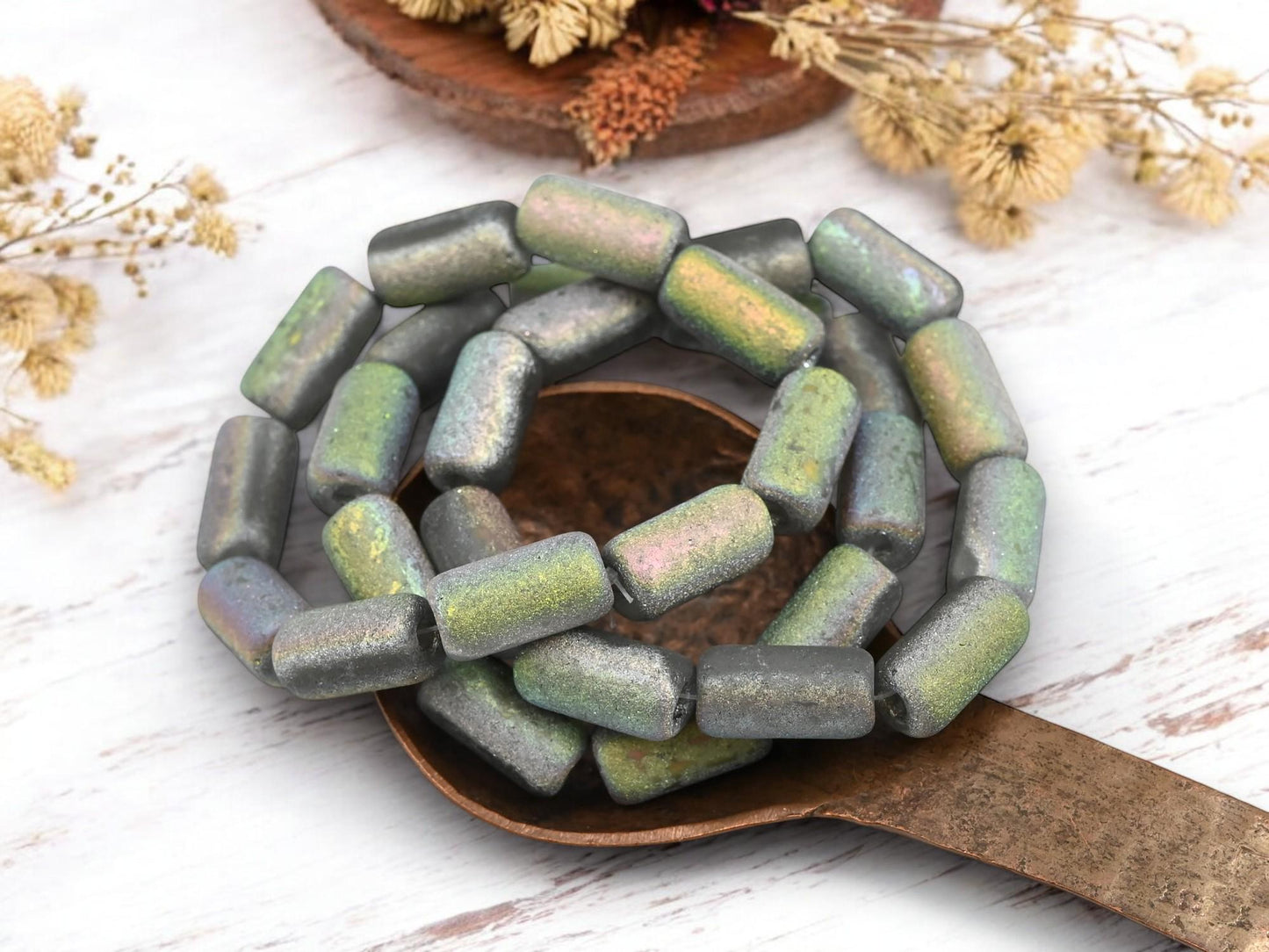 *10* 14x7mm Etched Gray Crystal AB Large Hole Tube Beads