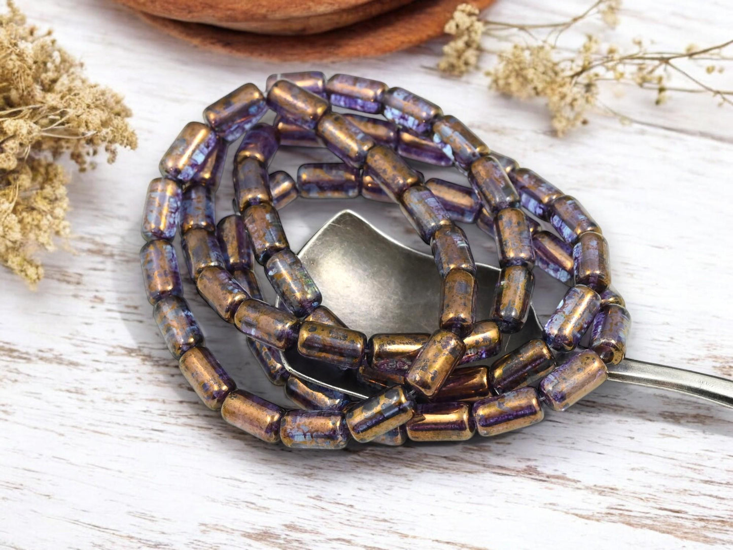 Tube Beads - Czech Glass Beads - Etched Beads - Picasso Beads - 9x5mm - 16pcs - (2837)