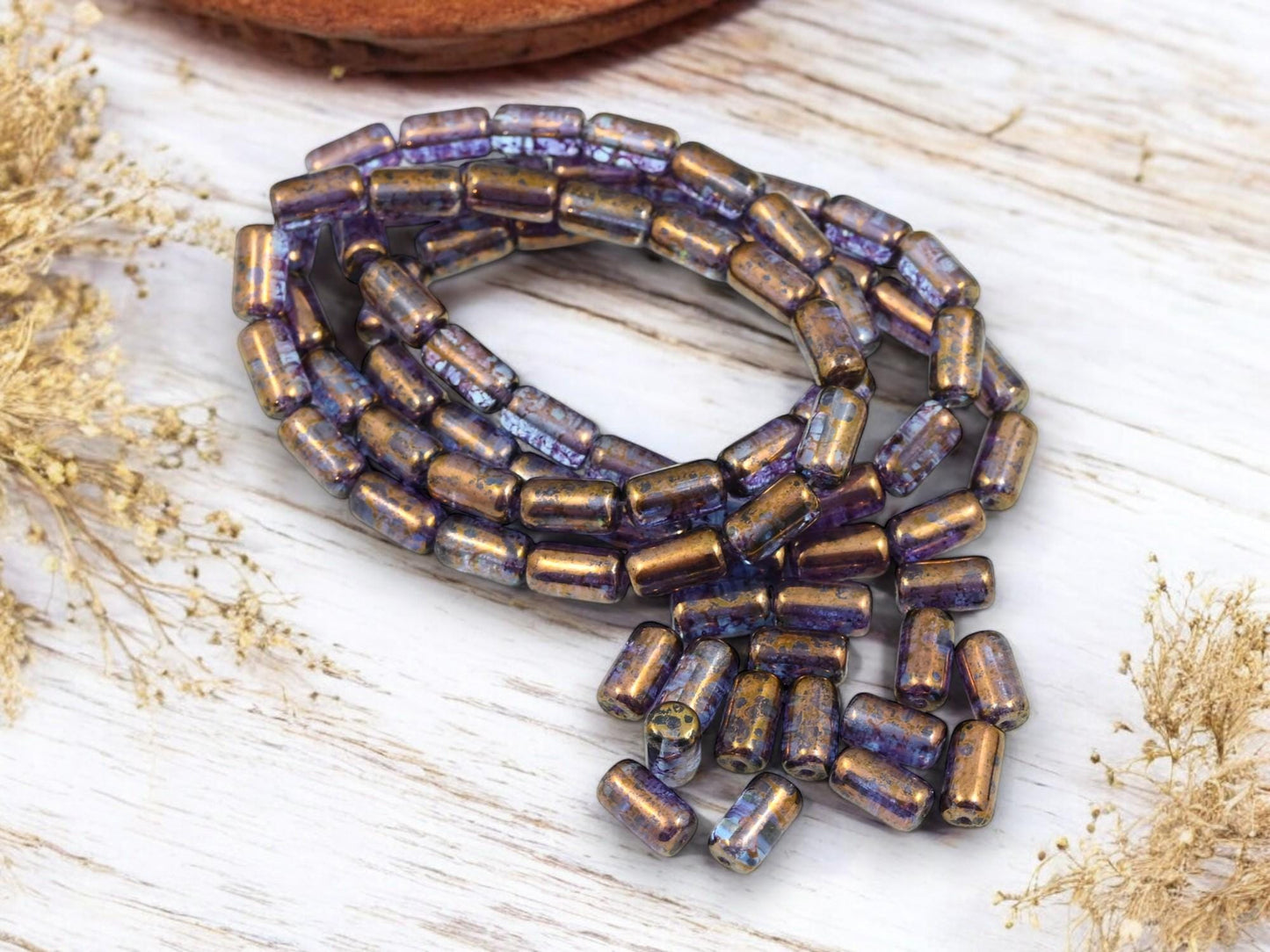 Tube Beads - Czech Glass Beads - Etched Beads - Picasso Beads - 9x5mm - 16pcs - (2837)