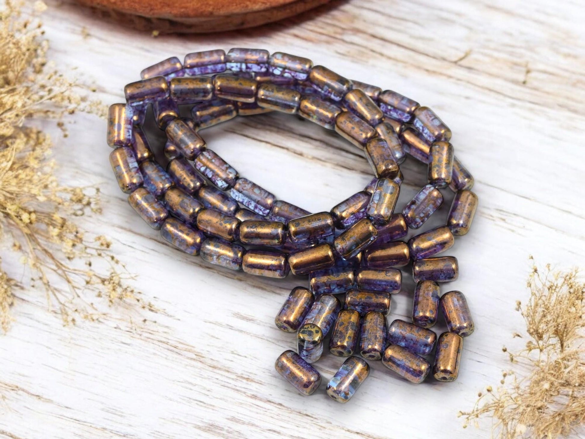 Tube Beads - Czech Glass Beads - Etched Beads - Picasso Beads - 9x5mm - 16pcs - (2837)