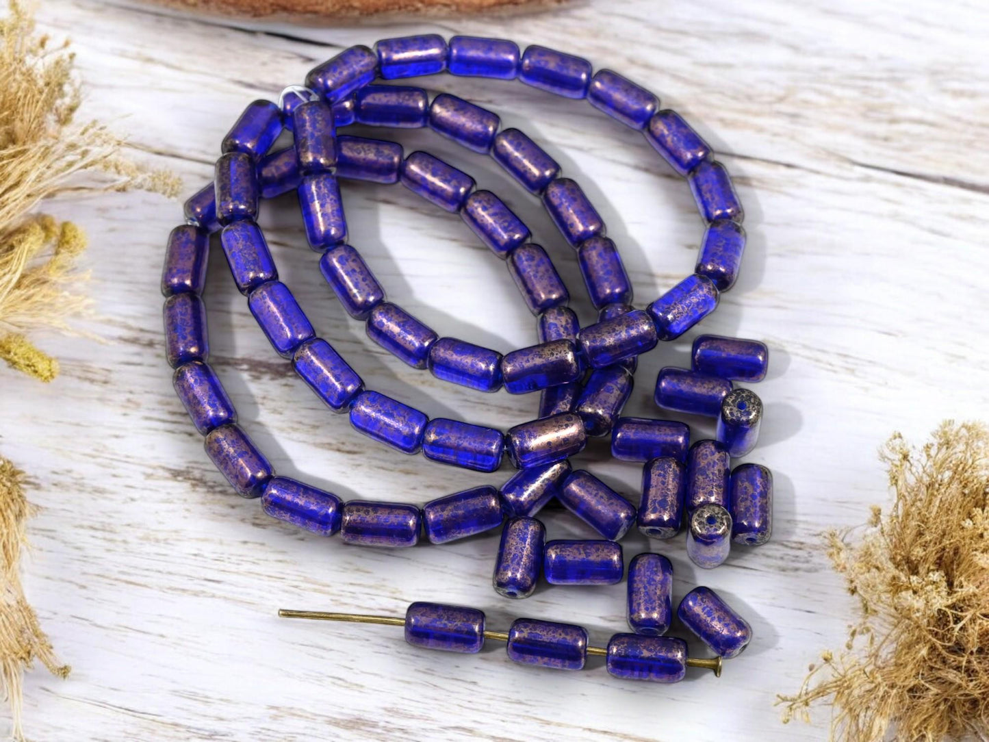 Tube Beads - Czech Glass Beads - Etched Beads - Picasso Beads - 9x5mm - 16pcs - (790)