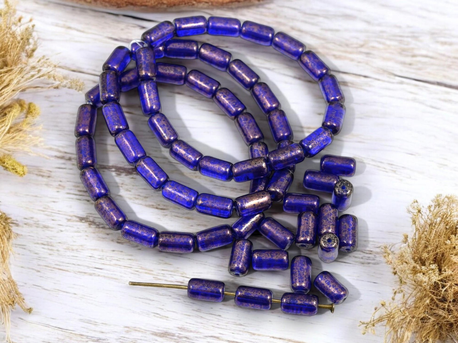 Tube Beads - Czech Glass Beads - Etched Beads - Picasso Beads - 9x5mm - 16pcs - (790)