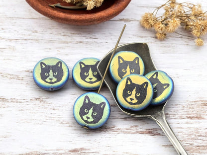 Czech Glass Beads - Cat Beads - Animal Beads - Laser Etched Beads - Laser Tattoo Beads - 17mm - 6pcs - (5734)
