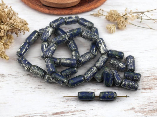 Tube Beads - Czech Glass Beads - New Czech Glass - Large Hole Beads - Etched Beads - Picasso Beads - 14x7mm - 10pcs - (1143)