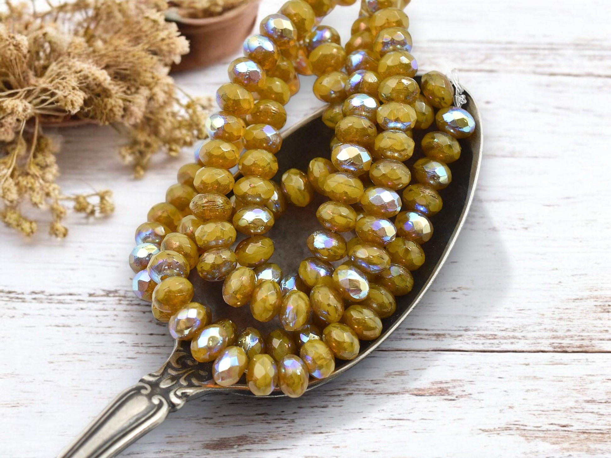 *30* 3x5mm Bronze Washed Dandelion Opaline AB Fire Polished Rondelle Beads