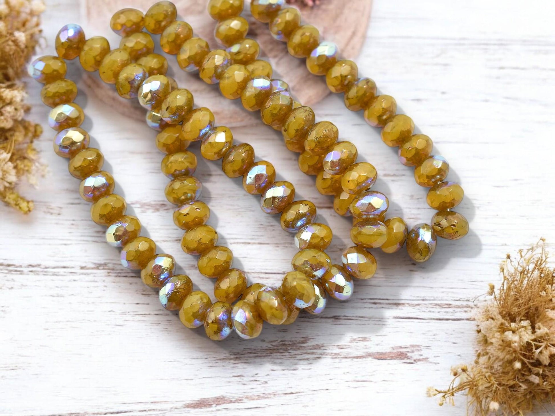 *30* 3x5mm Bronze Washed Dandelion Opaline AB Fire Polished Rondelle Beads