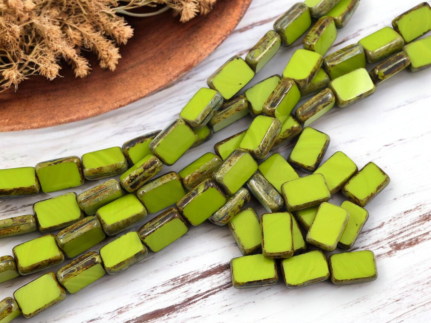 *16* 12x8mm Charteuse Picasso Table Cut Rectangle Beads