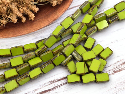 *16* 12x8mm Charteuse Picasso Table Cut Rectangle Beads