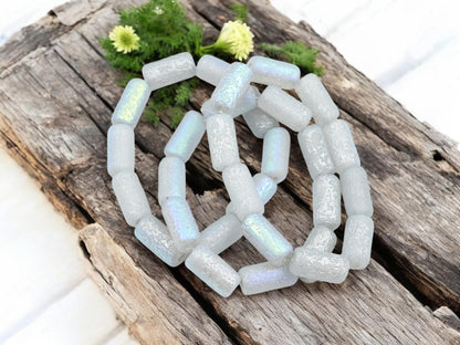*10* 14x7mm Etched Silver AB Washed Crystal Large Hole Tube Beads