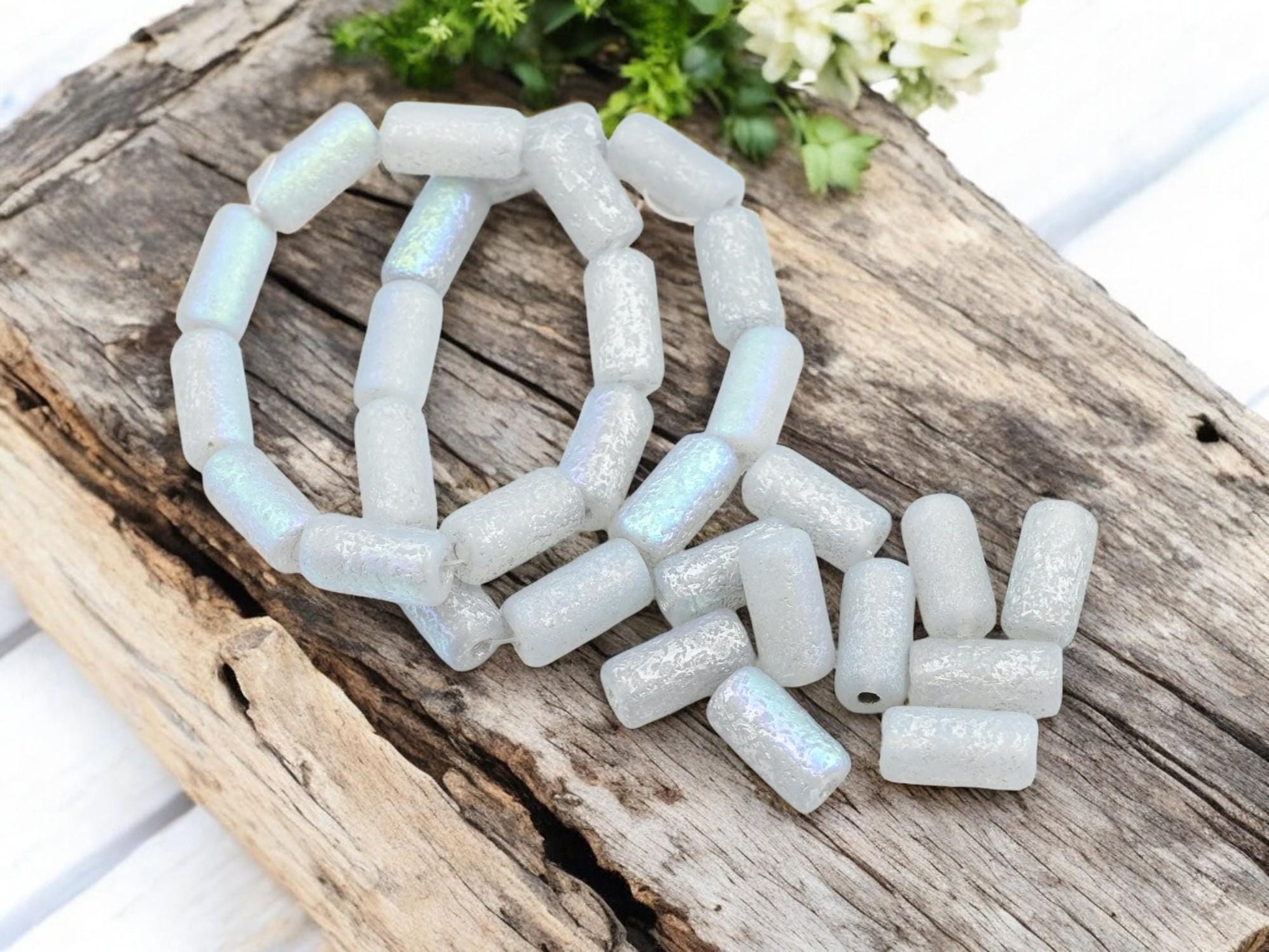 *10* 14x7mm Etched Silver AB Washed Crystal Large Hole Tube Beads