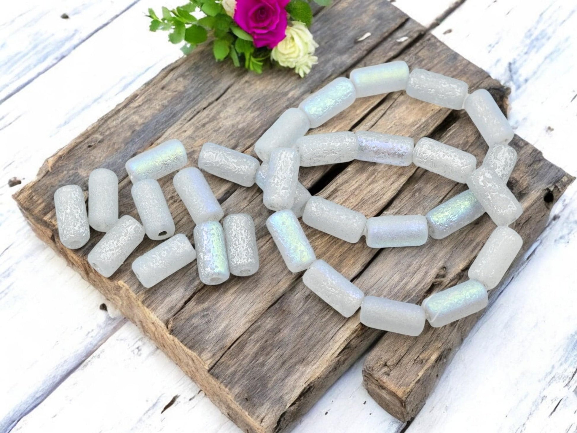 *10* 14x7mm Etched Silver AB Washed Crystal Large Hole Tube Beads