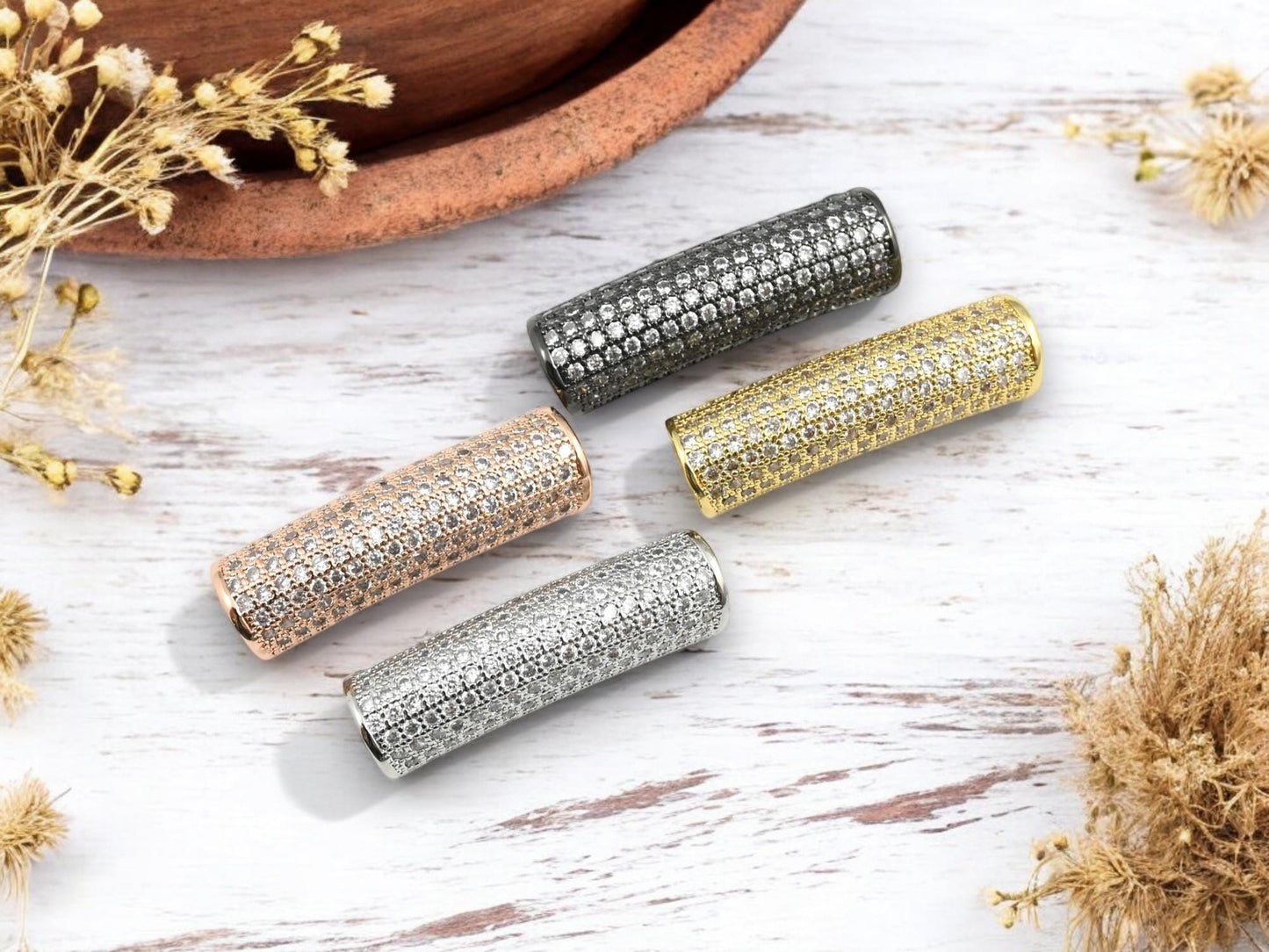 Curved Tube - Bracelet Tube - Zircon Beads - Rhinestone Beads - Bracelet Bar - Micro Pave Beads - Metal Beads - 1pc