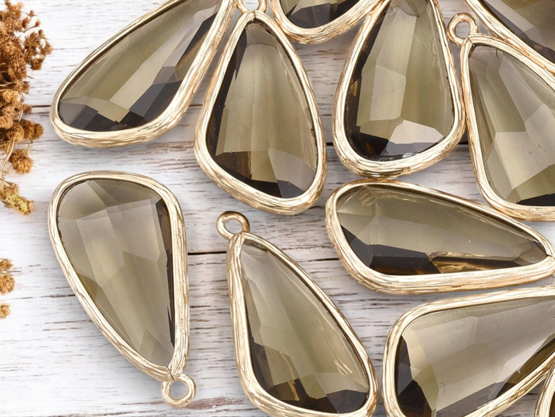 Glass Charm Pendant - Bezel Charm - Teardrop Charm - Gold Pendant - 29x14mm - 2pcs - (A39)