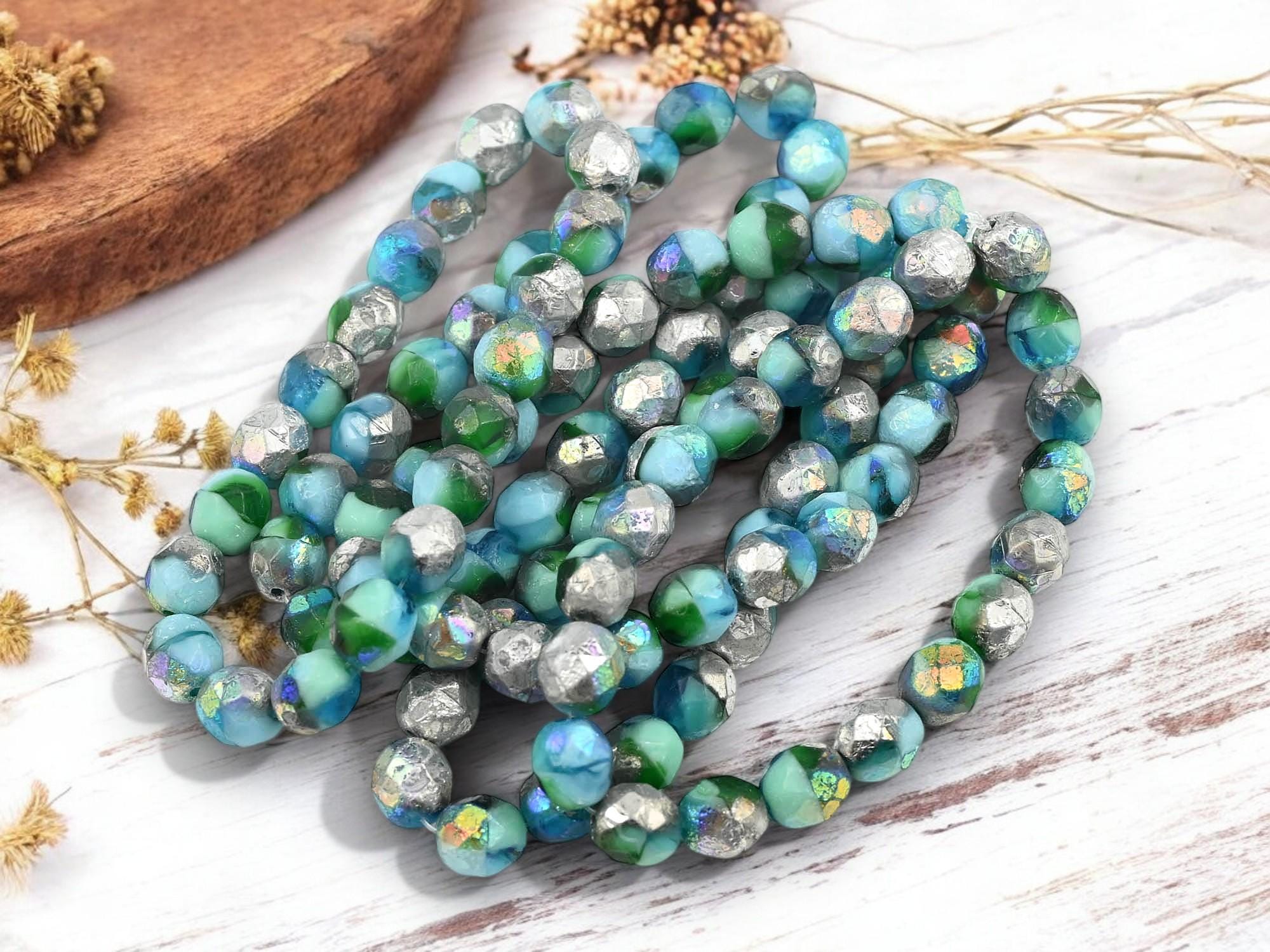 *20* 8mm Etched Silver AB Washed Blended Pacific Blue Turquoise Fire ...