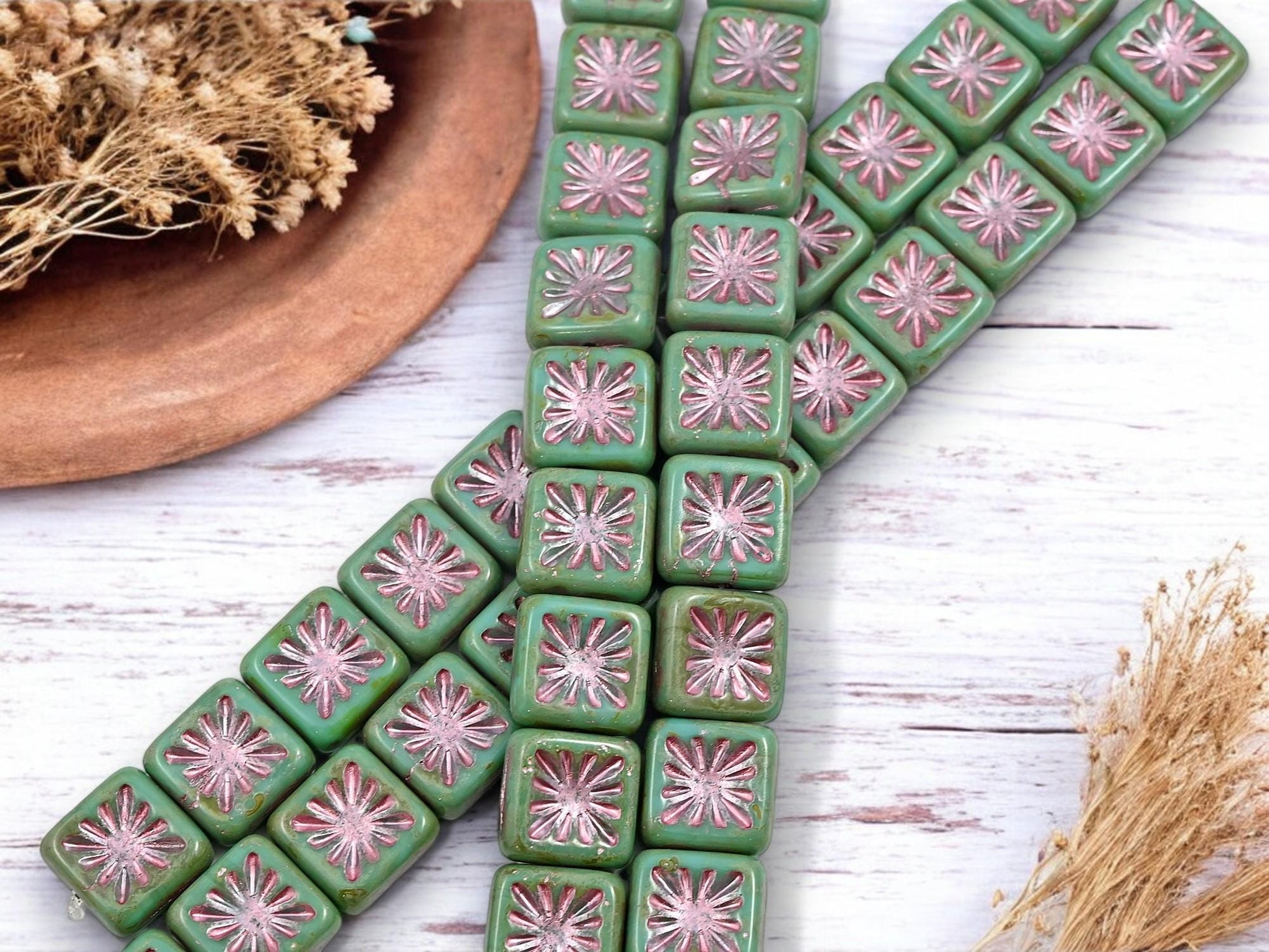 Czech Glass Beads - Picasso Beads - Square Beads - 10mm - 12pcs - (229)