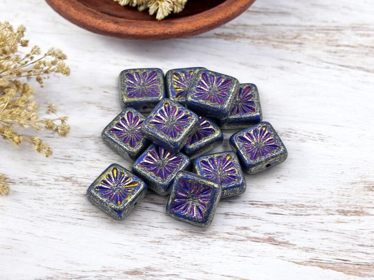 Czech Glass Beads - Picasso Beads - Square Beads - 10mm - 12pcs - (3354)