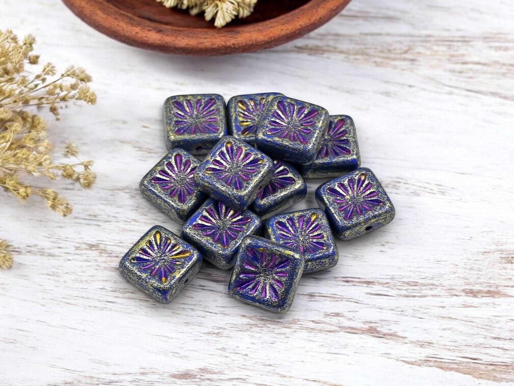 Czech Glass Beads - Picasso Beads - Square Beads - 10mm - 12pcs - (3354)