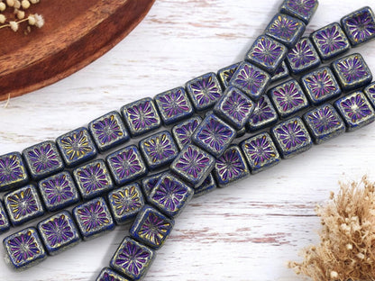 Czech Glass Beads - Picasso Beads - Square Beads - 10mm - 12pcs - (3354)