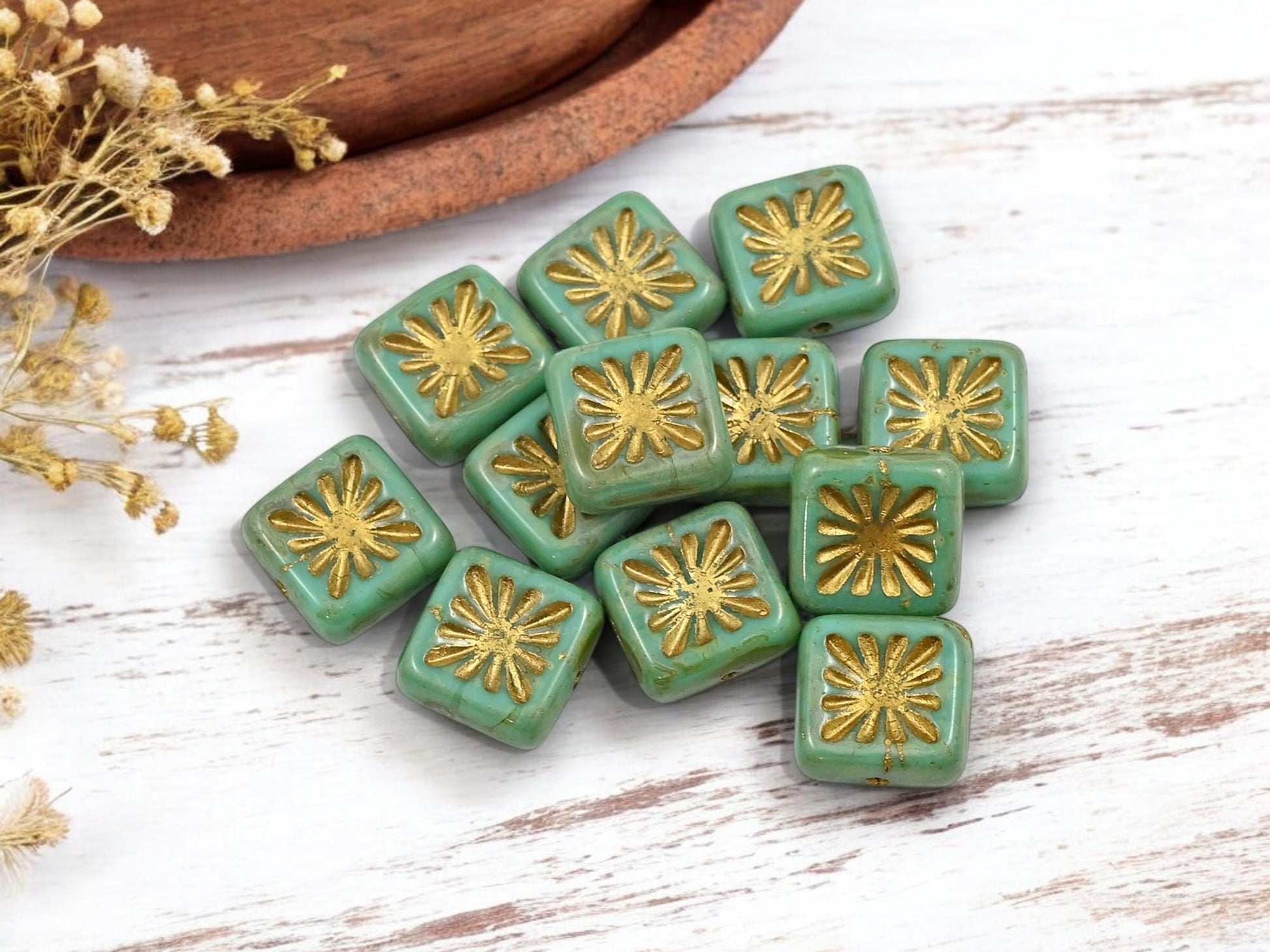 Czech Glass Beads - Picasso Beads - Square Beads - 10mm - 12pcs - (6171)