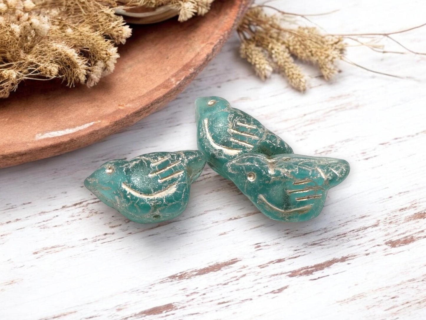 *6* 11x22mm Metallic Beige Washed Teal Bird Beads