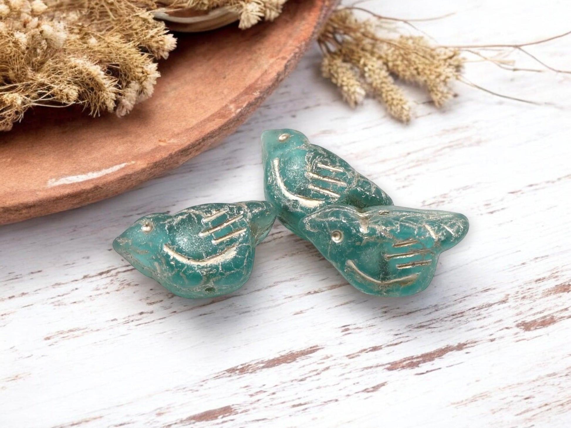 *6* 11x22mm Metallic Beige Washed Teal Bird Beads