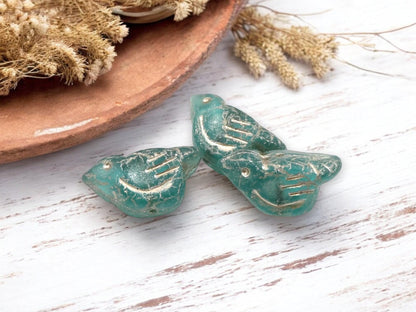 *6* 11x22mm Metallic Beige Washed Teal Bird Beads