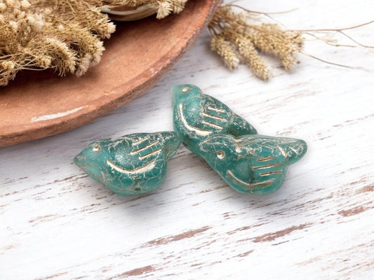 *6* 11x22mm Metallic Beige Washed Teal Bird Beads