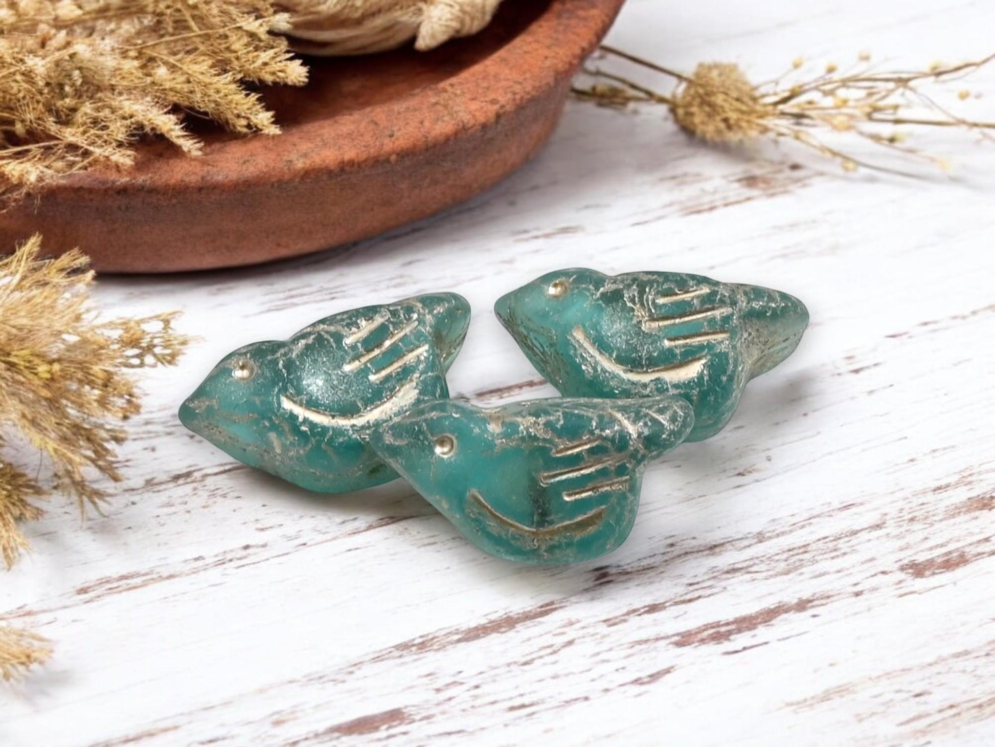 *6* 11x22mm Metallic Beige Washed Teal Bird Beads