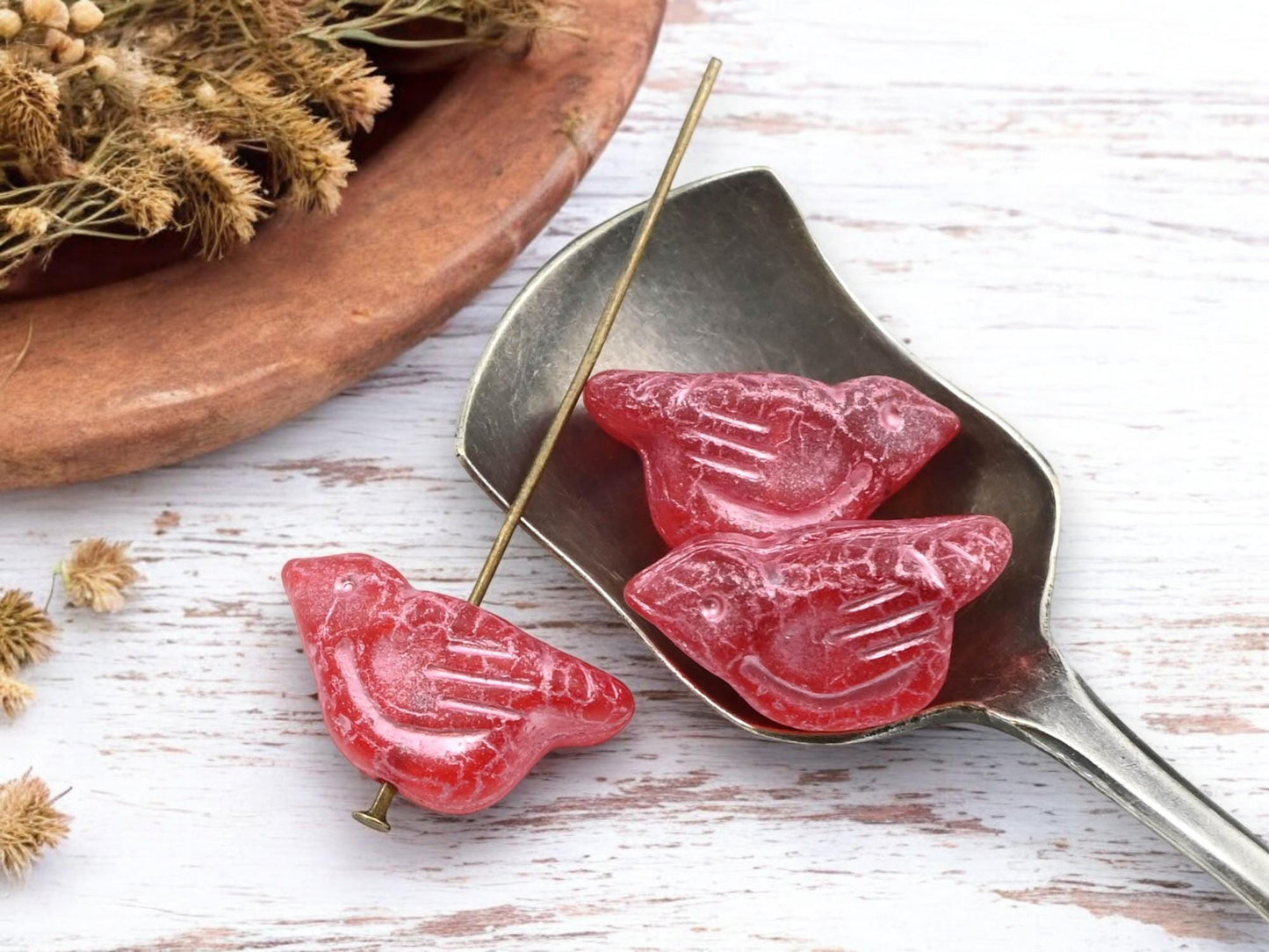 *6* 11x22mm Metallic Pink Washed Topaz Bird Beads