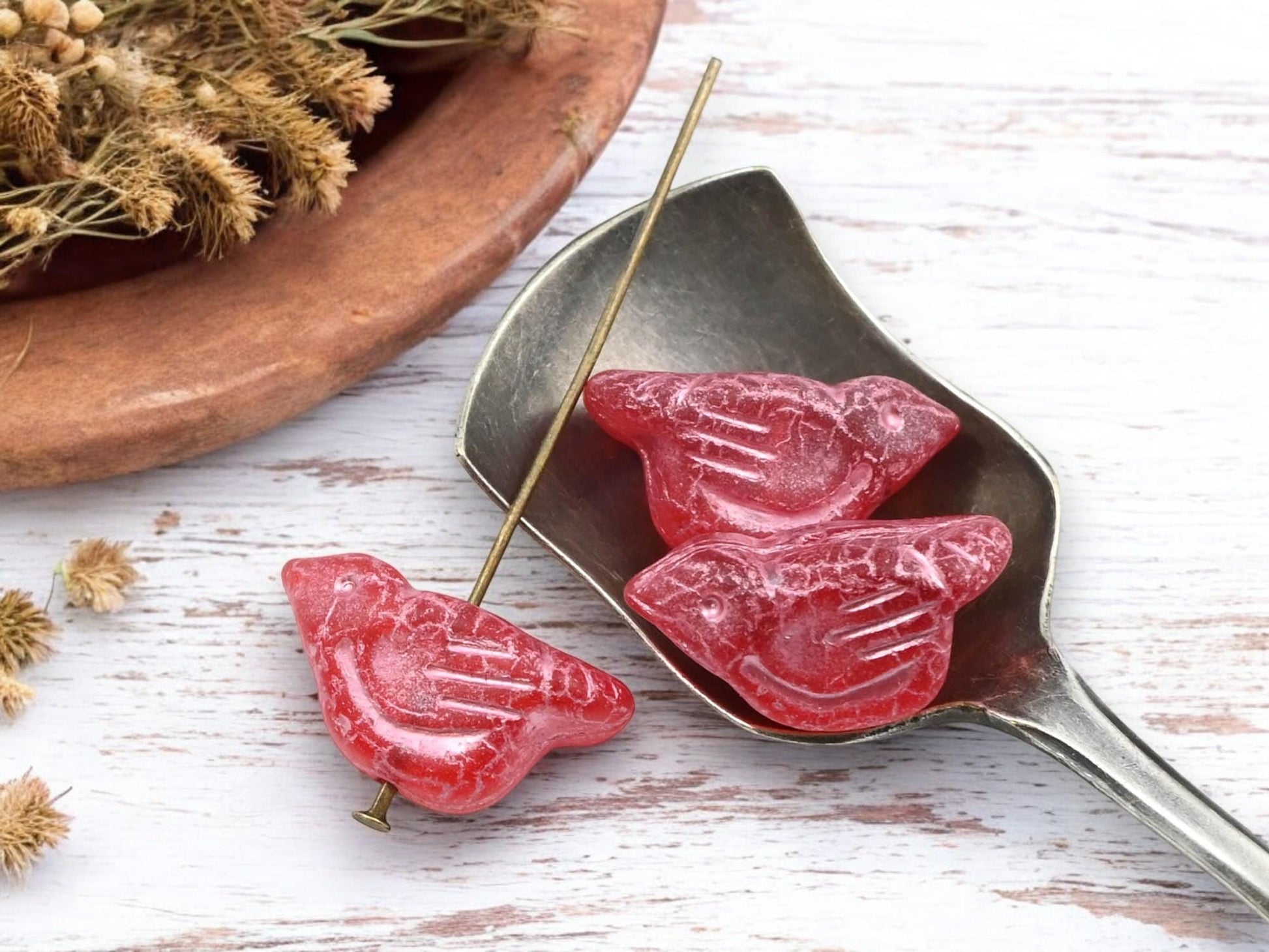 *6* 11x22mm Metallic Pink Washed Topaz Bird Beads