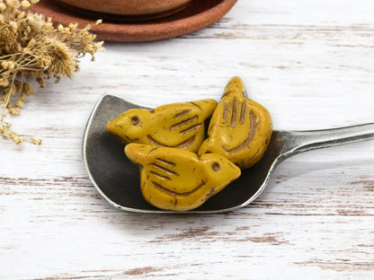 *6* 11x22mm Bronze Washed Golden Yellow Bird Beads