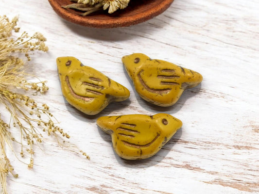 *6* 11x22mm Bronze Washed Golden Yellow Bird Beads