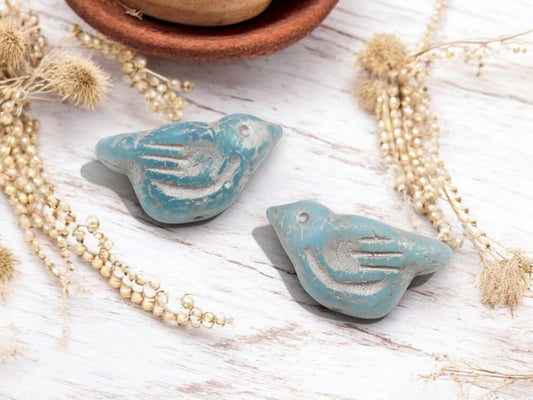 *6* 11x22mm Gold Washed Matte Blue Opaline Bird Beads