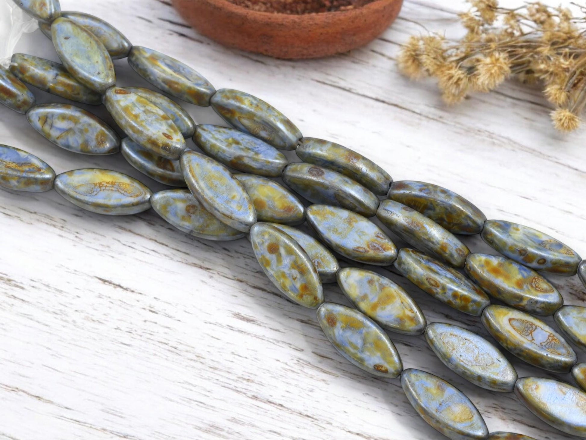 Czech Glass Beads - Picasso Beads - Spindle Beads - Marquise Beads - 18x7mm - 8pcs - (2289)